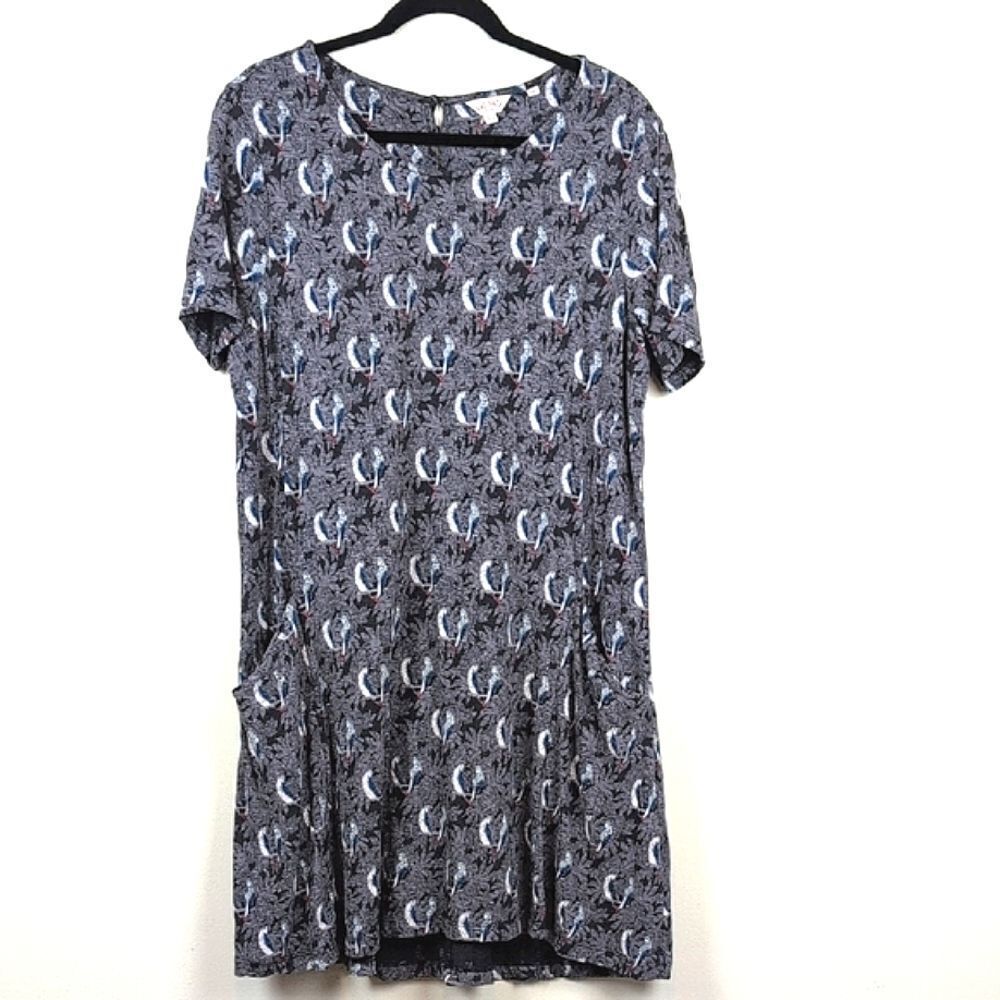 Parakeet Bird Print Dress Relaxed Shift Casual Slouchy Pockets Size 14